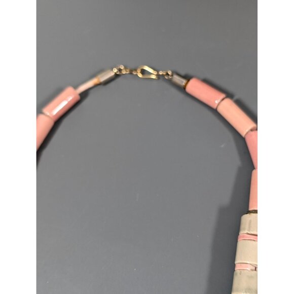 Pink Gray Ceramic Bead Statement Necklace Chunky Tribal Boho 17" - Picture 7 of 10